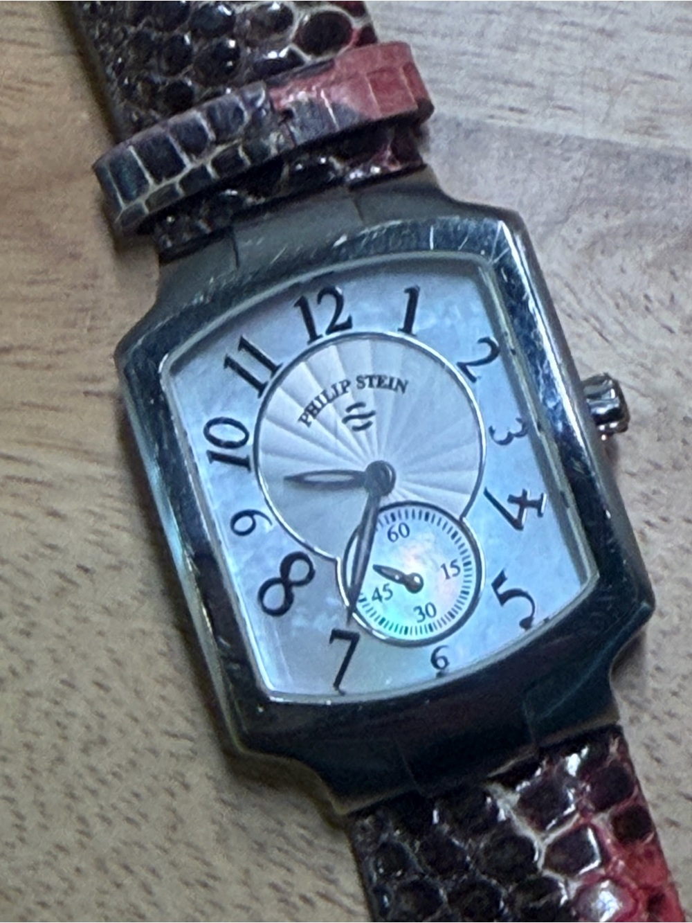Philip Stein Watch Red Textured Leather Strap Watch Classic Silver Dial